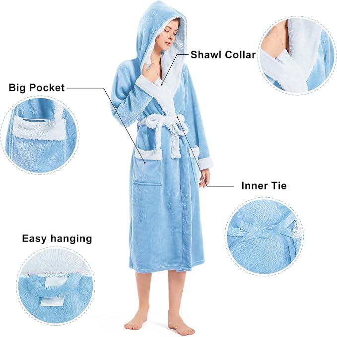 Inner Wish Women Hooded Plush Robe, Fleece Highly Absorbent Cozy Warm Bathrobe
