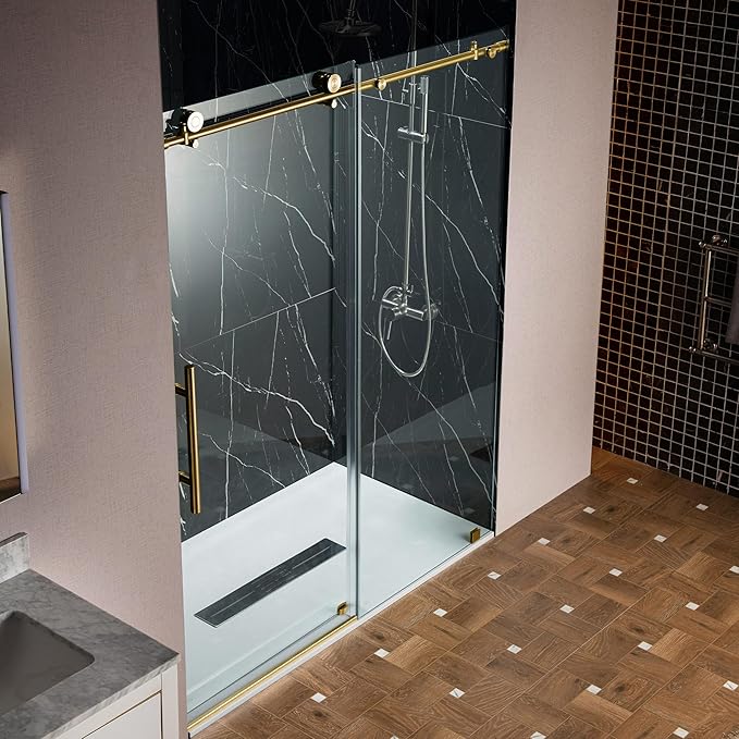 Woodbridge Frameless Single Sliding Shower Doors in Brushed Gold Finish, 45.5-48" Width x 76" Height with 3/8"(10mm) Clear Tempered Glass, Soft Close System and Explosion-Proof Film, BSDC4876-BG