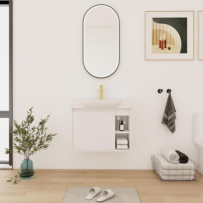 28" Wall-Mounted Bathroom Vanity with Ceramic Sink, 28 inch Floating Single Sink Vanity Cabinet Modern Brown 1-Door Design with Storage Shelf (Space-Saving for Small Bathrooms), White