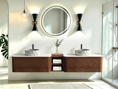 84 Inch Double Vanity with Sink Set, Floating Bathroom Sink Cabinet with Sintered Stone Top&Solid Wood Hammered Frame, Double Bathroom Vanities w/Soft-Close Drawers&1 Side Open Cube