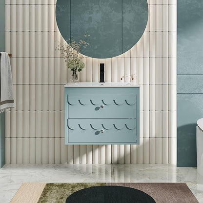 eclife 24" Floating Bathroom Vanity with Sink Combo, Modern Painted Wall-Mounted Vanities Storage Cabinet with Scalloped Decor, Undermount Basin, Faucet, Drain, Blue