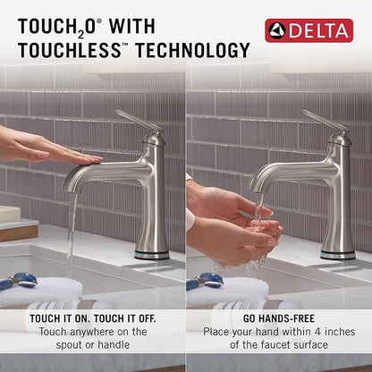 Delta Bonacci Touchless Bathroom Faucet 1-Hole with Touch On Technology, Brushed Nickel Single Hole Bathroom Sink Faucet, Metal Push-Pop Drain, Lumicoat Stainless 545T-SS-PR-DST