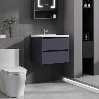 Dark Gray Floating Bathroom Vanity with Sink, 23x18 Inch Wall Mounted Bathroom Cabinet with 2 Drawers, Modern Single Sink Vanity for Small Bathroom, Space-Saving Storage Cabinet