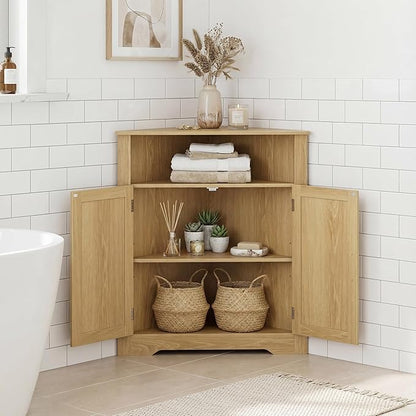 Smuxee Bathroom Corner Cabinet, Floor Corner Storage Cabinet with Fluted Door and Adjustable Shelf, Wooden Narrow Cabinet Organizer for Bathroom, Kitchen, Living Room