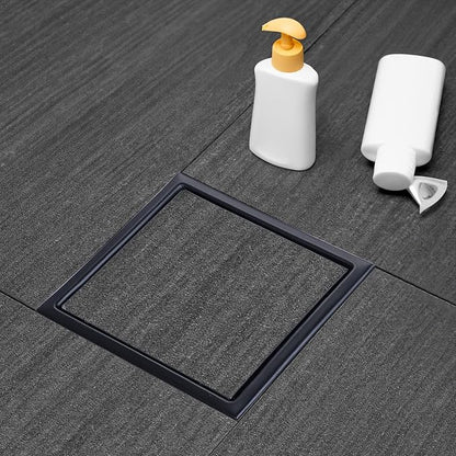 Square Shower Drain Black 6 inch with 2 in 1 Tile-Insert Cover | AISI 304 Stainless Steel Brushed Shower Floor Drain with Removable Hair Catcher and Flange Fits Bathroom Balcony Kitchen