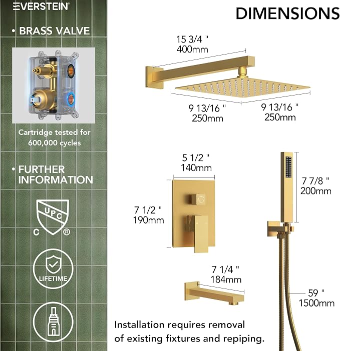 Shower Tub Faucet Set, 10" Bathroom Rainfall Shower Head Fixtures Combo with Handheld Spray and Tub Spout, Brushed Gold (Valve Included)