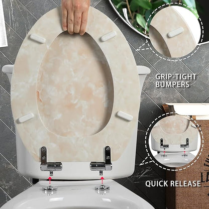 Angel Shield Marble Toilet Seat Durable Molded Wood with Quiet Close, Easy Clean, Quick-Release Hinges(Elongated, Beige Marble)