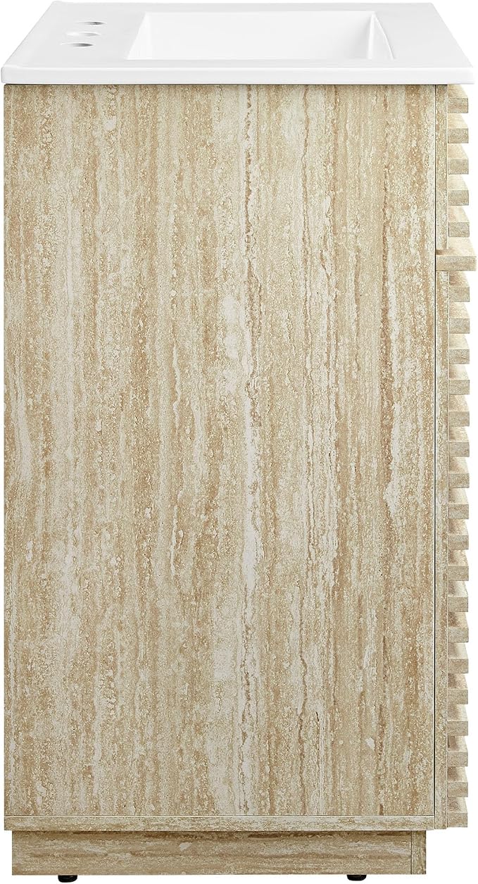 Modway Render Faux Travertine Slatted 24 Inch Bathroom Vanity in White with Sink Combo - Mid-Century Modern Single Sink Bathroom Vanity - Vanity Cabinet with Soft-Close Doors