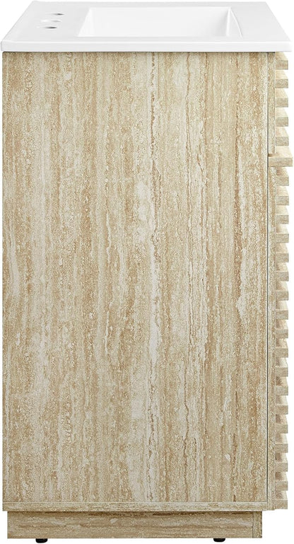 Modway Render Faux Travertine Slatted 24 Inch Bathroom Vanity in White with Sink Combo - Mid-Century Modern Single Sink Bathroom Vanity - Vanity Cabinet with Soft-Close Doors