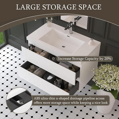 36 Inch Floating Bathroom Vanity with Sink, Large Storage Wall Mounted Floating Vanity with Soft Close Drawers, One-Piece Basin Bathroom Sink Cabinet (Glossy White, 36 Inch)