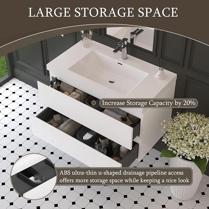36 Inch Floating Bathroom Vanity with Sink, Large Storage Wall Mounted Floating Vanity with Soft Close Drawers, One-Piece Basin Bathroom Sink Cabinet (Glossy White, 36")