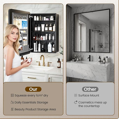 20x26 Black Medicine Cabinet Mirror, Recessed or Surface Mount | Built-in makeup organizer with lipstick slots, Brush holders and inner mirror; 3 adjustable shelves; Rustproof aluminum