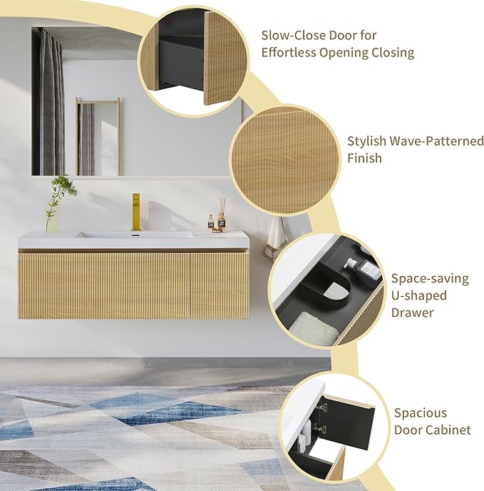 48'' Floating Bathroom Vanity with Sink Combo, Modern Wall-Mounted Striped Bathroom Storage Cabinet with Soft-Close Drawer and Glossy White Solid Surface Basin, Natural Oak, No Assembly Required