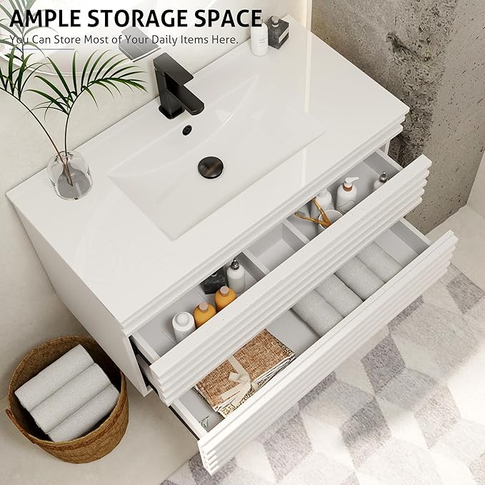 eclife 36" Floating Bathroom Vanity with Sink Combo Mid-Century Wall Mounted Cabinet with Wood Stripes Decor, Drawers, Undermount Single Sink, Faucet, Drain, Mixed White