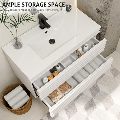 eclife 36" Floating Bathroom Vanity with Sink Combo Mid-Century Wall Mounted Cabinet with Wood Stripes Decor, Drawers, Undermount Single Sink, Faucet, Drain, Mixed White