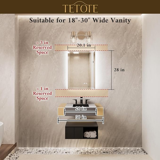 20 x 28 Backlit Mirror Bathroom, LED Vanity Mirror with Beveled Edge, Tempered Glass, 3 Colors Lights, Anti-Fog, Dimmable, Memory Function, UL-Listed, Frameless LED Vanity Wall Mirror