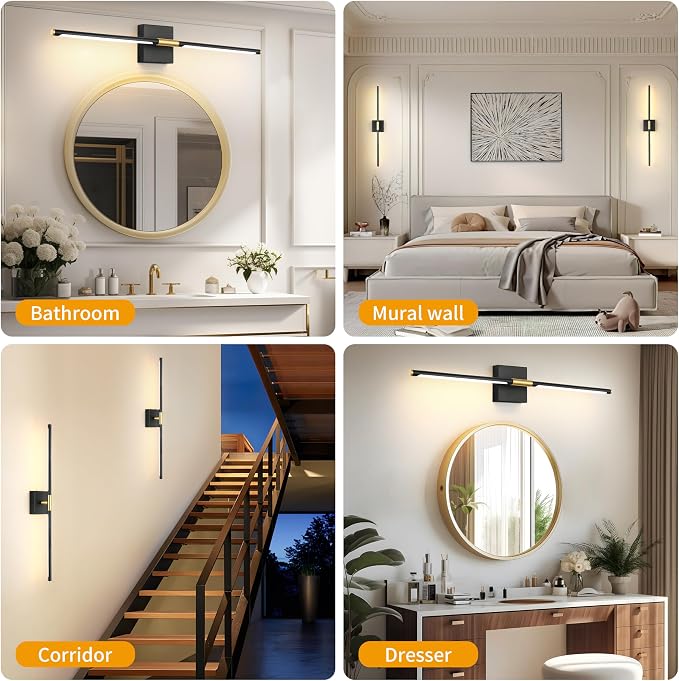 Morauroral 36 Inch Battery Operated Wall Sconces Set of 2, Dimmable Battery Wall Sconce with Remote Control, Black Gold LED Rechargeable Sconces, Modern Wireless Wall Lights for Bedroom, Living Room