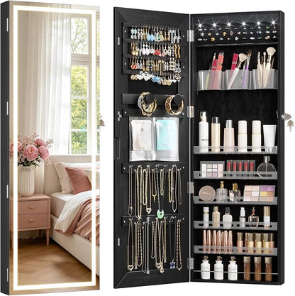 LVSOMT Wall Mounted Jewelry Organizer with Full Length Mirror, 42.5" Black | Over the Door Mirror with Storage, Lockable Jewelry Cabinet for Earring Ring Necklace, Large Capacity, Gift for Women