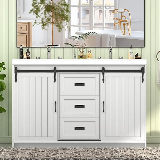 Bathroom Vanity with Double Sinks, 48" Standing Double Vanity with Drawers & Metal Handles, 2 Sink Bathroom Vanity with 4 Shelves, White