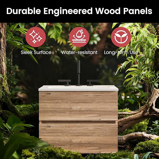 24" Floating Bathroom Vanity with Sink, Modern Wall Mounted Floating Vanity with Ceramic Sink, Double Soft-Close Drawers for Small Space, Apartment, Rough Oak