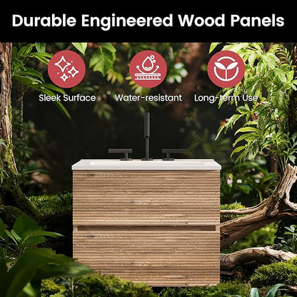 24" Floating Bathroom Vanity with Sink, Modern Wall Mounted Floating Vanity with Ceramic Sink, Double Soft-Close Drawers for Small Space, Apartment, Rough Oak