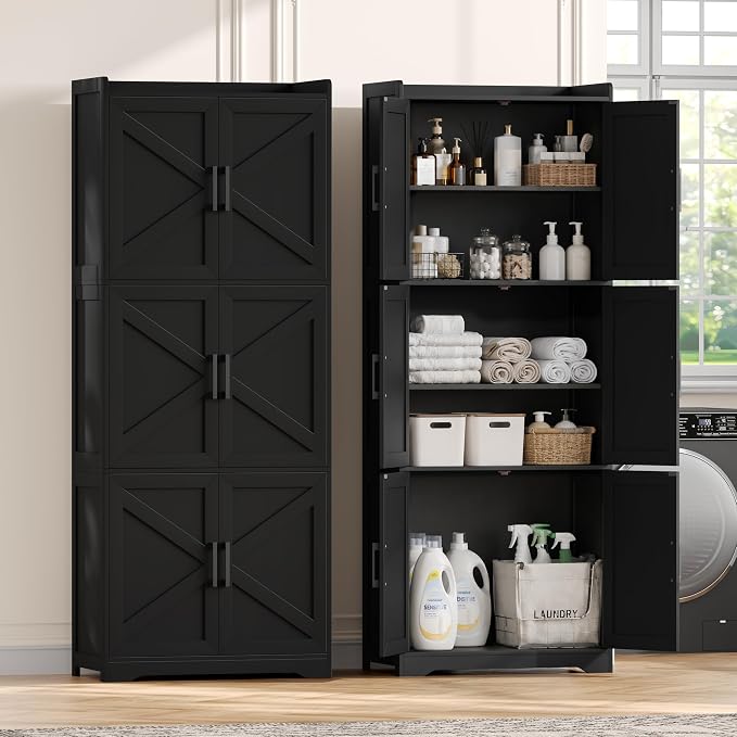 Akxomel Tall Bathroom Floor Cabinet with 6 Barn Door 60.2''H Pantry Black | 11.6''D x 22.6''W Linen Storage Cabinet with Adjustable Shelves, for Kitchen, Living Room, Entryway