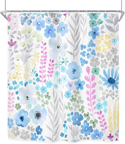 Extra Long Blue Grey Floral Wildflower Boho Art Bathroom Shower Curtain Set | 72"W x 84"H Watercolor Leaves; waterproof HD print, quick-dry fabric with 12 hooks for easy hanging.