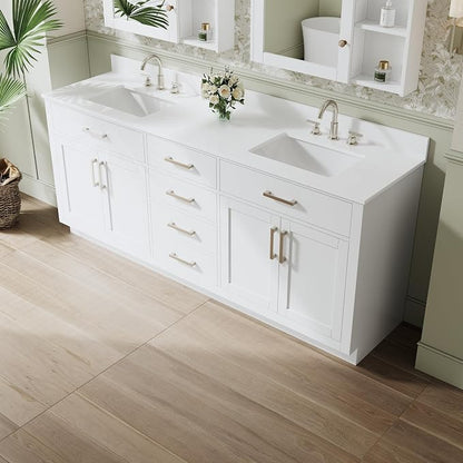 80-Inch Bathroom Vanity with Double Sinks W/ 4 Doors & 4 Drawers & 2 Flip Drawers, White Vanity W/Brushed Nickel Handles