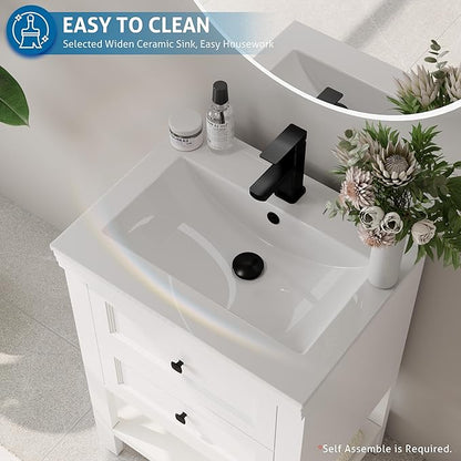 eclife 24" Bathroom Vanity with Sink Combo, Modern Painted Vanities Cabinet with Big Drawers, Opening Bottom Shelf, Raised Foot Pads, Include Undermount White Sink, Faucet & Drain, White