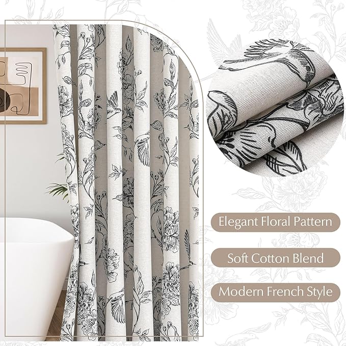 MitoVilla Black Farmhouse Shower Curtain Set, Cotton Floral Hummingbird Cottagecore Spring Shower Curtains for Bathroom, Modern Country Bathroom Décor, 72" W x 72" L