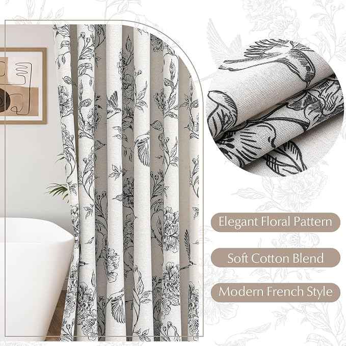 MitoVilla Long Black Cotton Shower Curtain for Bathroom,72 x 78 | Long BoHo Cottagecore Hummingbird Spring Shower Curtains, Modern Farmhouse Country Floral Bathroom Décor, 72 x 78