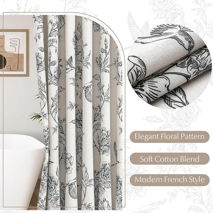 MitoVilla Long Black Cotton Shower Curtain for Bathroom,72 x 78 | Long BoHo Cottagecore Hummingbird Spring Shower Curtains, Modern Farmhouse Country Floral Bathroom Décor, 72 x 78