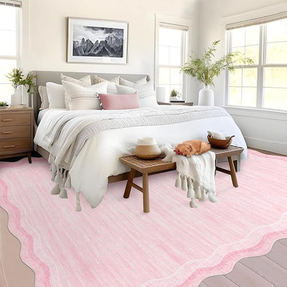 Garvee Pink Scalloped 10x13 Area Rugs for Girls Room Large Washable Rugs | Neutral Solid Rug Stain Resistant Non Slip Floor Mat Carpet Indoor Accent Rug for Bedroom Dining Room Playroom Home Decor