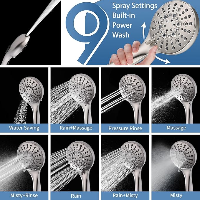 BRIGHT SHOWERS Slide Bar Shower Set with Handheld Shower Head, ADA-Compliant Stainless Steel Grab Bar, Adjustable Height and 69-Inch Hose, Brushed Nickel