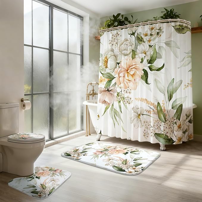 Flower Bathroom Set with Shower Curtains and Rugs | 120gsm Bathroom Curtain Set with Brushed Metal Hooks
