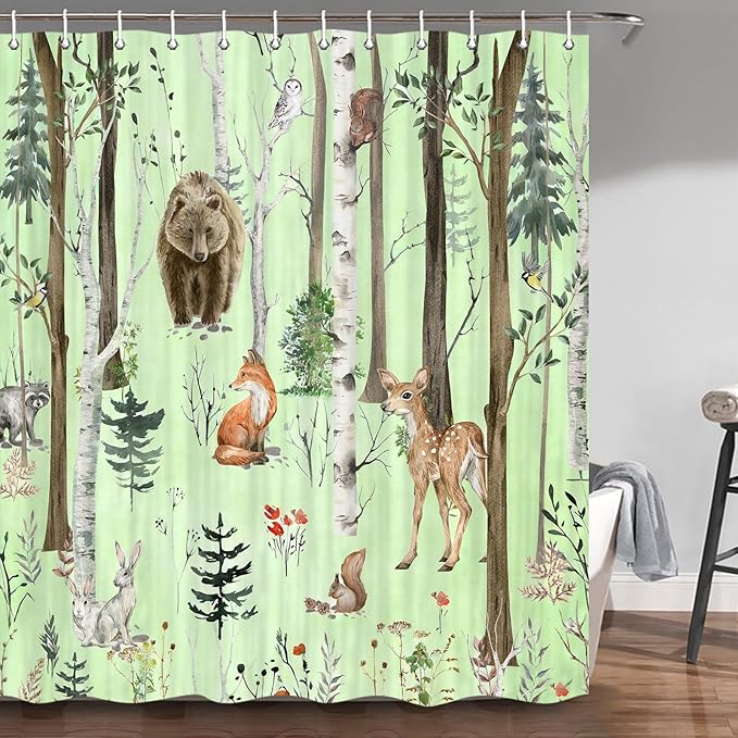 JAWO Rustic Forest Shower Curtains, Lodge Cabin Woodsy RV Shower Curtain, Wildlife Animals Woodland Campers Camping Bathroom Set with Hooks, 72X78 Inch, Moss Green