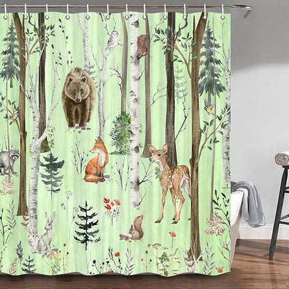 JAWO Rustic Forest Shower Curtains, Lodge Cabin Woodsy RV Shower Curtain, Wildlife Animals Woodland Campers Camping Bathroom Set with Hooks, 60X70 Inch, Moss Green