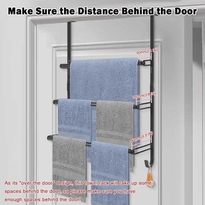 Livabber 3-Tier Over The Door Towel Rack, All Metal Towel Rack with Hooks for Door Hanging, Behind Door Towel Bar Towel Storage Holder for Bathroom Accessories, Black (19.37" L x 5.9" W x 24.4" H)