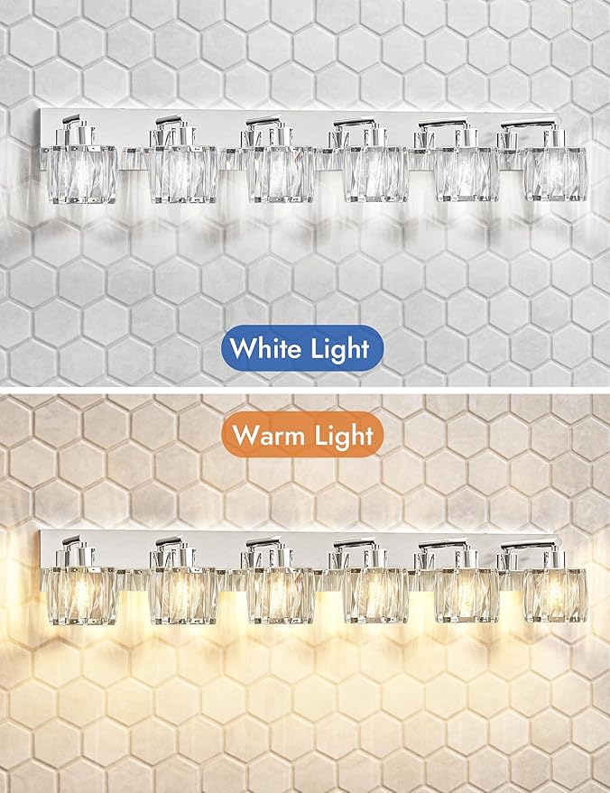 VOLISUN Crystal Vanity Lights - 6 Light Modern Stainless Steel Bathroom Light Over Mirror, Chrome Finish - UL Certificated (Exclude Bulb)