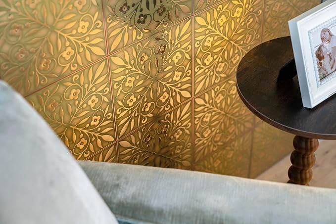 Main Street Peel and Stick Wallpaper Tiles, Gold & Green Leaves, 24-Pack | 8"x8" tiles, covers 10.67 sq ft. Peel-and-stick paper, no extra adhesive needed. Ideal for backsplashes & DIY projects.