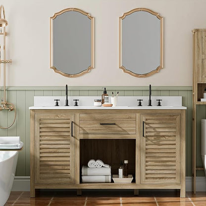 60" Brown Bathroom Vanity with Double Ceramic Sinks | Pre-Assembled Bathroom Vanity Cabinet with Quartz Countertop & cUPC Ceramic Basins, Modern Freestanding Bath Cabinet with Soft-Close Doors