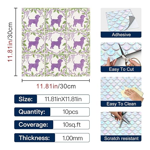 Purple Dog Floral Peel and Stick Floor Tiles 12x12 Inch 10PCS | Purple Dog Floral removable self adhesive PVC vinyl tiles for kitchen bathroom entryway laundry room and indoor home decor