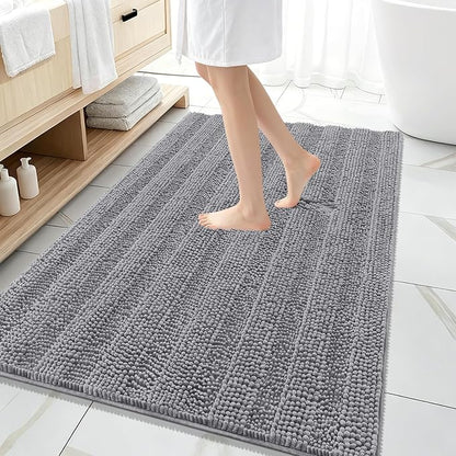 OLANLY Thick Large Bathroom Rugs 59x35, Soft Chenille Bath Rugs, Grey | Absorbent Striped, Rubber Backing, Machine Wash Dry, Bath Mats for Bathroom Floor, Tub and Shower, Home Decor Accessories