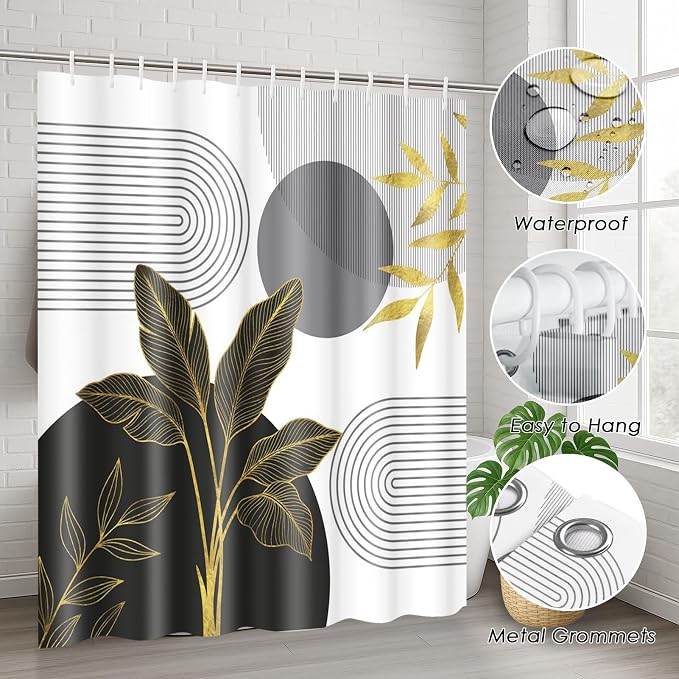 Bathroom Sets with Shower Curtain and Rugs, 4 Pcs, Boho Mid | Century Abstract Leaves Minimalist Bathroom Decor Set with Toilet Lid Cover, Non-Slip Bath Mats and Accessories 12 Hooks