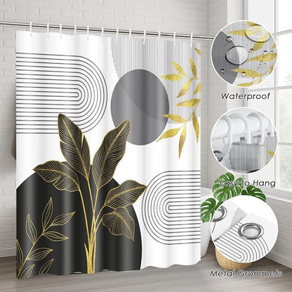 Bathroom Sets with Shower Curtain and Rugs, 4 Pcs, Boho Mid | Century Abstract Leaves Minimalist Bathroom Decor Set with Toilet Lid Cover, Non-Slip Bath Mats and Accessories 12 Hooks