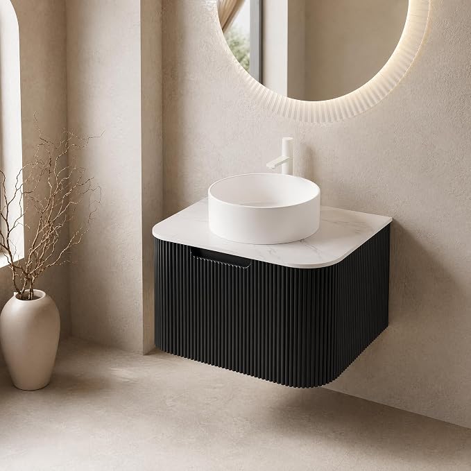 24 Inch Bathroom Vanity with Sink, Floating Wall Mounted Single Sink Vanity for Small Baths, Black Curved Fluted Front, Stone Top, Pure White Round Vessel Basin, Pre-Assembled