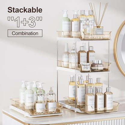 Delamu 2-Tier Multi-Purpose Bathroom Under Sink Organizers and Storage, Stackable Kitchen Pantry Organization, Pull Out Medicine Cabinet Organizer with Movable Dividers, Amber, 4 Pack