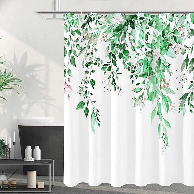 Emerald Green Eucalyptus Shower Curtain, Floral Print, 72x84 | Watercolor Plant Leaves Floral Print, Waterproof Fabric Bathroom Decor, Machine Washable, Rustproof Grommets