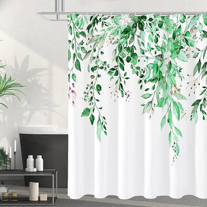 Emerald Green Eucalyptus Shower Curtain, Floral Print, 72x72 | Watercolor Plant Leaves Floral Print, Waterproof Fabric Bathroom Decor, Machine Washable, Rustproof Grommets