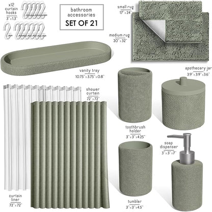 Clara Clark Sage Green Bathroom Set - Bathroom Sets with Shower Curtain and Rugs, 21PC Bathroom Accessory Set, Shower Curtain Set with Soap Dispenser & Toothbrush Holder